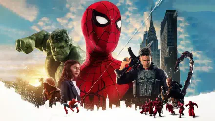 Spider-Man: Brand New Day 4K Ultra HD PC desktop wallpaper featuring Spider-Man, Hulk, and other heroes against a city skyline.