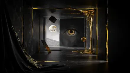 Surreal black and gold eye in an abstract geometric scene, 4K Ultra HD PC desktop wallpaper and background.