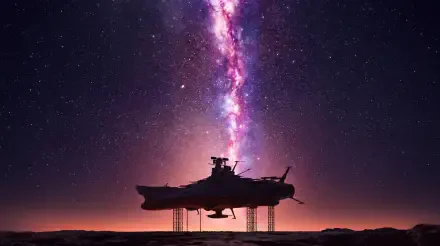 Space Battleship Yamato 2199 silhouette beneath the Milky Way in a star-filled night sky, 5K Ultra HD desktop wallpaper
