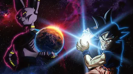 Dragon Ball Super HD PC desktop wallpaper featuring Beerus, Goku, a glowing energy blast, and Earth in a cosmic background.