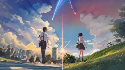 Your Name anime wallpaper of two figures beneath a glowing comet in a vibrant sky, 4K Ultra HD PC desktop background.