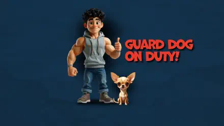 Funny cartoon boy and cute Chihuahua guard dog on duty, 2K Quad HD PC desktop wallpaper and background.