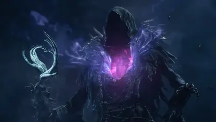 Hooded figure channeling glowing purple magic in a dark fantasy scene from Dragon’s Dogma 2: Dark Arisen, 4K Ultra HD PC desktop wallpaper.