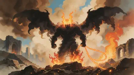 Fiery Balrog from The Lord of the Rings towers over burning ruins in this 4K Ultra HD PC desktop wallpaper and background.