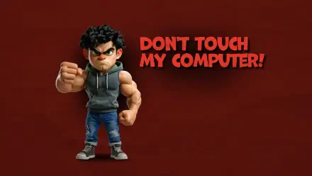 Angry, muscular cartoon character warns “Don’t touch my computer!” on a red 2K Quad HD PC desktop wallpaper background.
