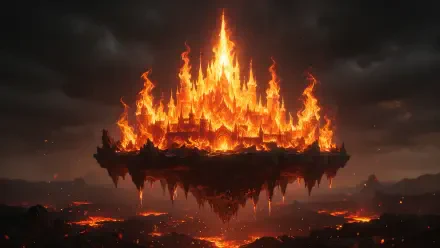 A fire-engulfed flying castle glows against a dark sky in this 4K Ultra HD PC desktop wallpaper and background.