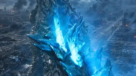 Godzilla Minus Zero erupts in glowing blue ice crystals amid a ruined city, 4K Ultra HD PC desktop wallpaper.