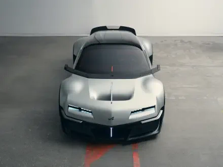 Front view of a silver Alpine A310 Vision concept sports car, featured in a 5K Ultra HD PC desktop wallpaper and background.