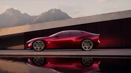 Red Alfa Romeo Cuorerosso concept sports car with Ferrari-inspired styling, reflected on a pool beneath mountain scenery, HD desktop wallpaper.