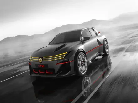 Peugeot E-T16 electric concept car speeding across a sleek monochrome landscape, HD desktop wallpaper and background.