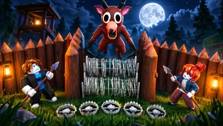 Roblox 99 Nights in the Forest monster looming over a fortified camp beneath a full moon, 4K Ultra HD PC desktop wallpaper and background.