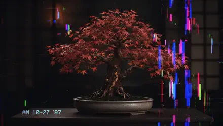 Japanese maple bonsai tree in a shallow pot, framed by colorful digital glitch effects in a 4K Ultra HD PC desktop wallpaper.