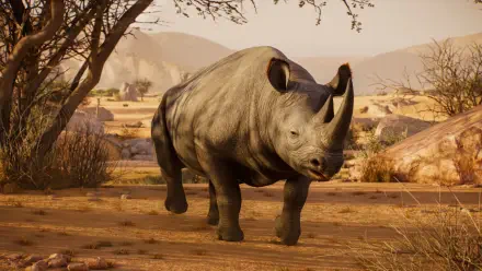 Planet Zoo 2 wildlife rhino in a sunlit savanna, 4K Ultra HD PC desktop wallpaper and background.