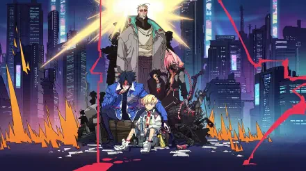 Cyberpunk: Edgerunners 2 anime wallpaper featuring a crew against a neon city skyline, 5K Ultra HD PC desktop background.