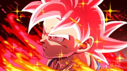 Goku with vivid pink hair amid fiery energy effects, Dragon Ball Super: Beerus anime HD PC desktop wallpaper.