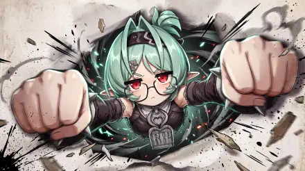 Roxy from Zenless Zone Zero throws a punch through flying debris in this 5K Ultra HD anime girl PC desktop wallpaper.