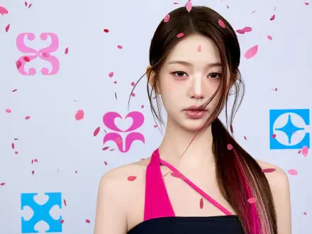 IVE Jang Wonyoung portrait in a pink top with floral graphics, Looks Can Kill 4K Ultra HD desktop wallpaper