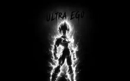 Vegeta in his Ultra Ego form surrounded by a glowing aura, featured in a dramatic 2K Quad HD anime desktop wallpaper.