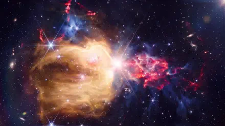 NASA James Webb Space Telescope view of NGC 7129, a glowing gold and red nebula among stars, in 5K Ultra HD desktop wallpaper.
