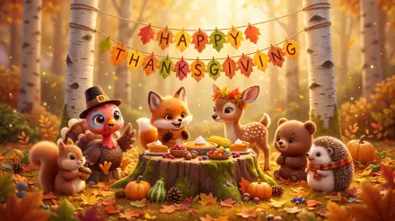 Cute Thanksgiving cartoon woodland animals share a festive feast beneath a Happy Thanksgiving banner, in a 5K Ultra HD PC desktop wallpaper background.