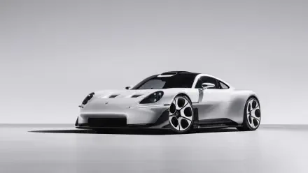 White Porsche Mission S sports car on a minimalist gray backdrop, featured in a 5K Ultra HD PC desktop wallpaper background.