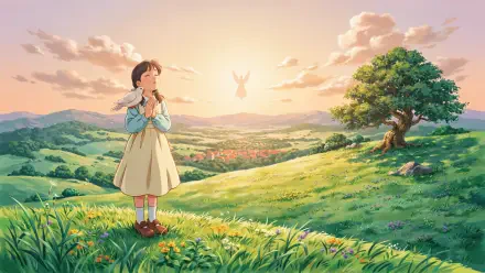 Faith-inspired anime girl praying on a sunlit hillside at sunrise, surrounded by a lush green landscape; 4K Ultra HD PC desktop wallpaper.