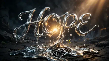 Metallic “Hope” typography glowing against a dark landscape, featured in a 4K Ultra HD PC desktop wallpaper and background.