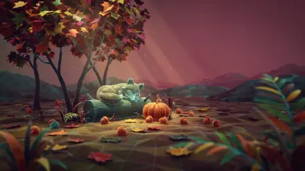 A green frog rests beside glowing pumpkins beneath autumn trees in a cozy forest, 4K Ultra HD desktop wallpaper.