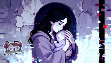 Anime mother holding her baby against a cracked, glitching wall, 4K Ultra HD PC desktop wallpaper and background.