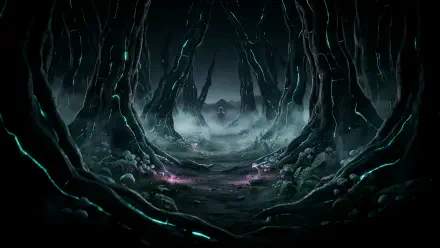 4K Ultra HD haunted forest wallpaper with eerie fog drifting between twisted trees on a dark woodland path.