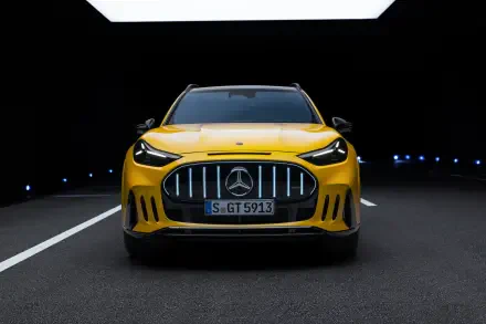Yellow Mercedes-AMG GT SUV on a dark road, featured in a 2K Quad HD PC desktop wallpaper background.