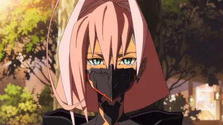 Talia Yang from Cyberpunk: Edgerunners 2 in an anime HD PC desktop wallpaper, wearing a black mask beneath autumn trees.