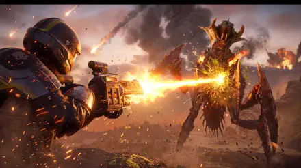 Helldivers 2 sci-fi soldier battles a towering alien in an explosive battlefield, 5K Ultra HD PC desktop wallpaper and background.