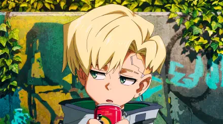 Roman Carax from Cyberpunk: Edgerunners 2 sipping a drink before a graffiti-covered wall, anime 5K Ultra HD PC desktop wallpaper and background.