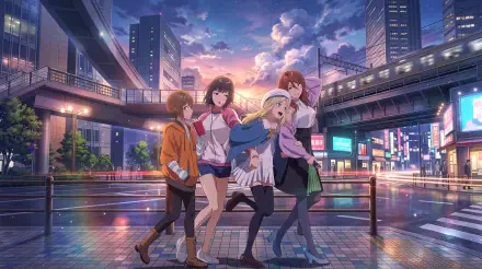 Toaru Anbu no ITEM 5K Ultra HD desktop wallpaper featuring Shizuri Mugino and anime girls walking through a neon-lit city at dusk.