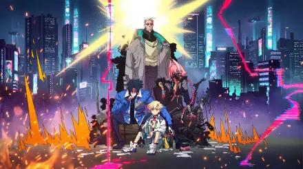 Cyberpunk: Edgerunners 2 anime group in a neon-lit city, 5K Ultra HD PC desktop wallpaper and background.