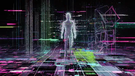 Cyberpunk hologram in a digital glitch virtual reality landscape, 4K Ultra HD PC desktop wallpaper and background.