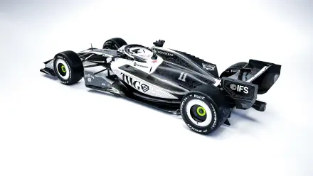 Cadillac MAC-26 Formula One race car in black and white, featured in an 8K Ultra HD PC desktop wallpaper background.