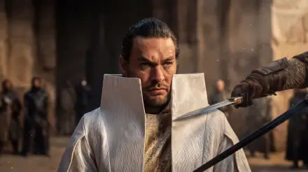 Jason Momoa holds a sword in Dune: Part Three, featured in a 5K Ultra HD desktop wallpaper and background.