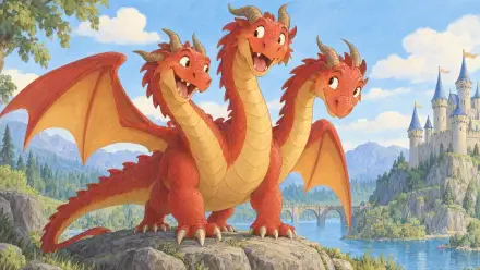Three-headed orange dragon on a rocky cliff near a fairytale castle, 4K Ultra HD PC desktop wallpaper background.