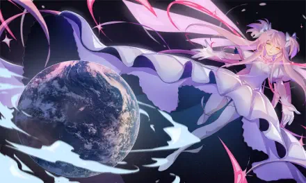 Madoka Kaname floats above Earth in a flowing magical-girl outfit, featured in a 4K Ultra HD anime desktop wallpaper.