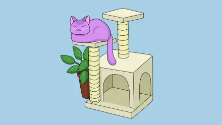 Lo-fi Purrple Cat purple cat lounging on a cat tree, 4K Ultra HD PC desktop wallpaper and background.