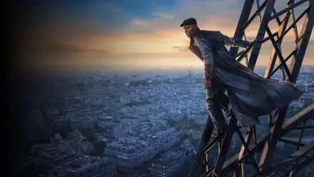Lupin (2021) 4K Ultra HD PC desktop wallpaper showing a man in a dark coat perched on a steel structure above Paris at sunset.