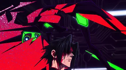 Cyberpunk: Edgerunners 2 anime wallpaper featuring D and Capri amid vivid red and neon-green graphics, 5K Ultra HD PC desktop background.