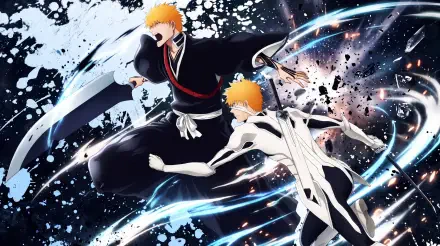 Ichigo Kurosaki in dual forms amid a dramatic battle scene from Bleach: Thousand-Year Blood War, 5K Ultra HD anime desktop wallpaper.