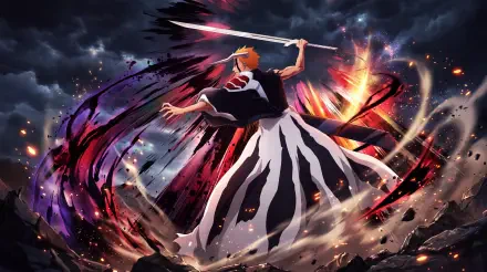 Ichigo Kurosaki swings his sword amid fiery energy and storm clouds in this Bleach: Thousand-Year Blood War 5K Ultra HD desktop wallpaper.