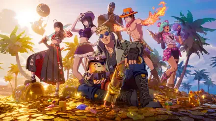 Fortnite game characters, including Portgas D. Ace, pose amid golden treasure in this 5K Ultra HD PC desktop wallpaper.