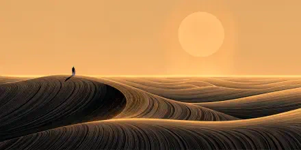 4K Ultra HD desktop wallpaper of a lone figure atop rippled desert sand dunes beneath a glowing sunset.