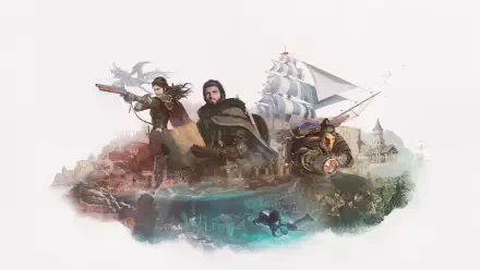 Crimson Desert HD PC desktop wallpaper featuring Kliff, pirates, and a sailing ship in a dramatic fantasy scene.