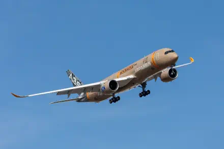 Airbus A350F airplane climbing through a clear blue sky, featured in a 2K Quad HD PC desktop wallpaper and background.